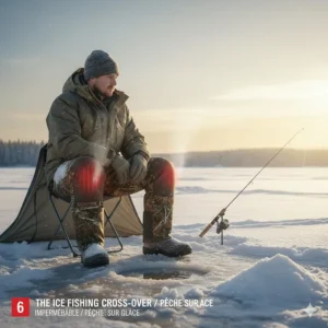 7. Versatile heated hunting pants used for ice fishing on a frozen lake in Manitoba during mid-winter.