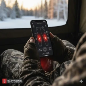 4. Close-up of a smartphone app adjusting temperature settings for heated hunting gear in cold weather.