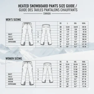 A sizing chart for men's and women's heated snowboard pants with measurements in centimeters and inches for Canadian shoppers.