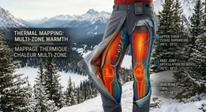 Technical diagram showing heat zones in the knees and thighs of heated pants under $200.