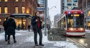 Illustration of a person waiting for a bus in a snowy city wearing stylish heated pants under $200.