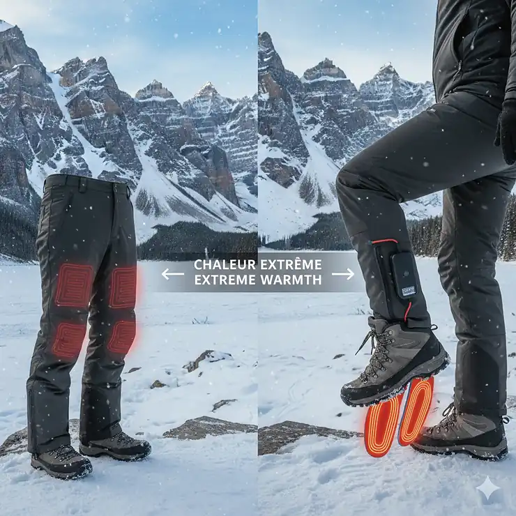 A comparison of heated pants vs heated insoles for extreme Canadian winter temperatures in a snowy mountain landscape.