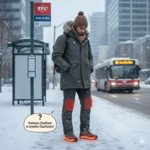 A Canadian commuter deciding between heated pants vs heated insoles for warmth while waiting at a bus stop in the snow.