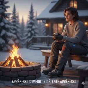 Stylized illustration of a person relaxing in heated ski pants at a Canadian ski lodge fire pit.