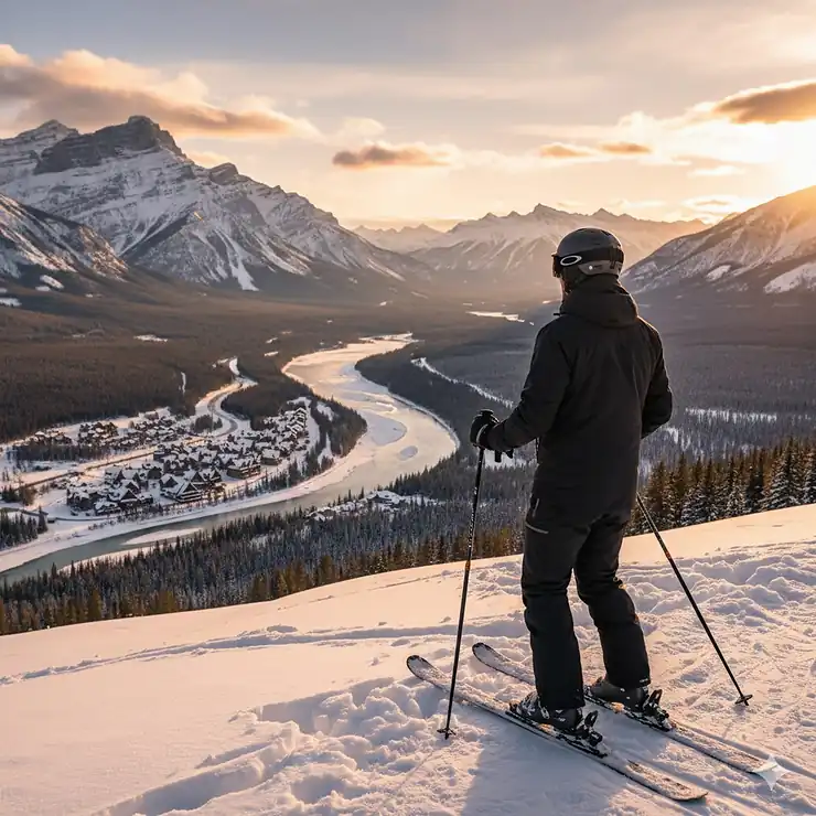 A skier wearing black heated ski pants looking out over the Canadian Rockies in Banff, Alberta.