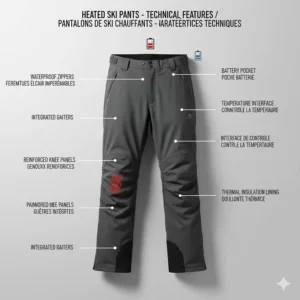 Technical drawing of heated ski pants with feature callouts in both English and French.