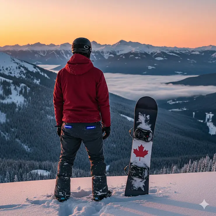 A snowboarder enjoying the views at Whistler Blackcomb wearing battery-powered heated snowboard pants for extreme Canadian cold.