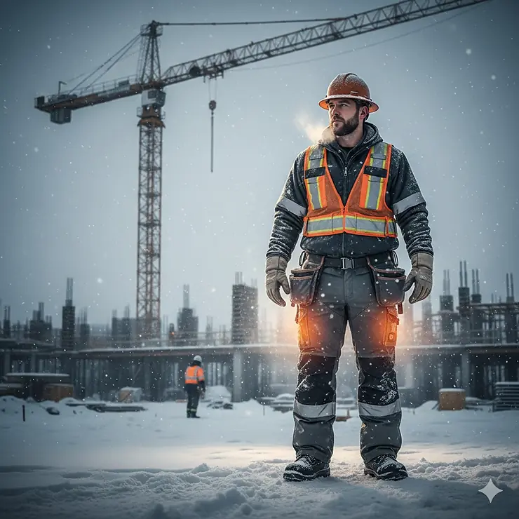 A construction worker wearing battery-powered heated work pants on a snowy Canadian job site with a crane in the background.