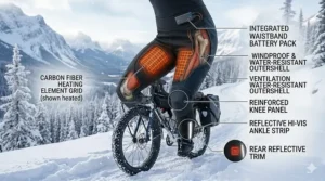 Map showing carbon fiber heating elements in the thighs and knees of heated pants for winter cycling.
