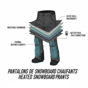 Technical diagram showing the carbon fiber heating elements inside waterproof heated snowboard pants (pantalons de snowboard chauffants).
