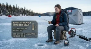 A Canadian angler ice fishing comfortably while wearing thermal heated pants priced under $200.