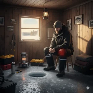 Illustration of a cozy interior of a Canadian ice fishing hut with gear optimized for deep winter comfort.