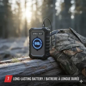 8. High-capacity lithium battery pack used to power heated hunting pants for up to 10 hours in sub-zero temperatures.