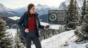 Illustration showing the 8-hour battery life of budget-friendly heated pants in cold temperatures.