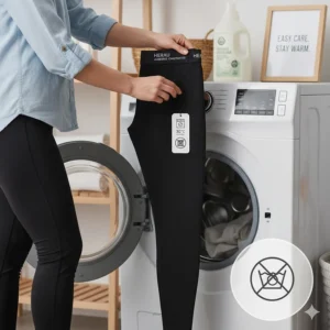 Icon-style illustration showing that the heated leggings are machine washable and easy to maintain.