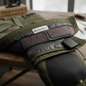 Close-up of carbon fiber heating elements inside durable, water-resistant ice fishing pants.