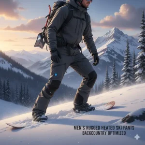 Durable men's heated ski pants in charcoal grey, optimized for backcountry skiing and snowboarding.