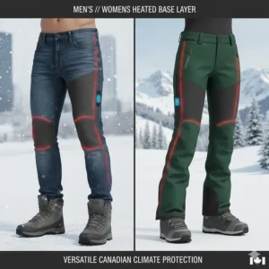 A technical diagram showing heated pants as a base layer under denim or snow gear for versatile Canadian climate protection.