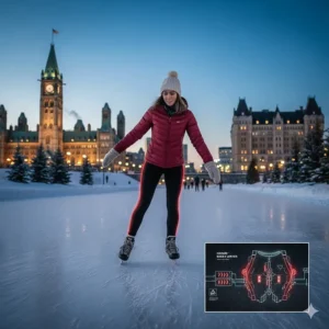 Illustration of a person ice skating on a frozen canal in Ottawa wearing heated base layers.