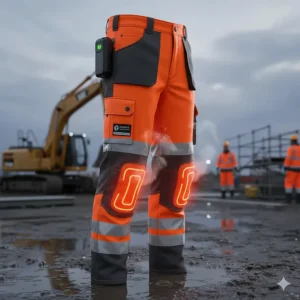 High-visibility heated work pants for construction (pantalon de travail chauffant) meeting CSA safety standards.