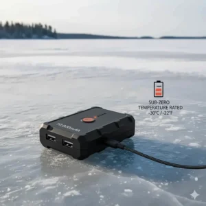 Compact 10,000mAh portable power bank used to fuel heated ice fishing bibs in sub-zero temperatures.
