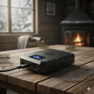 Compact 10,000mAh portable power bank for heated jacket accessories on a rustic wooden table.