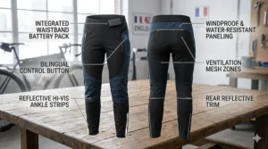 High-visibility reflective elements on heated pants for winter cycling during dark Canadian commutes.