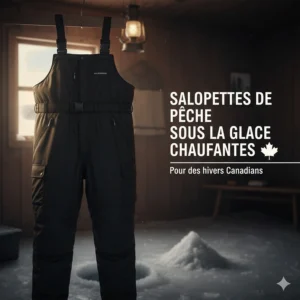 Canadian market illustration for salopettes de pêche sous la glace chauffantes (heated ice fishing bibs).