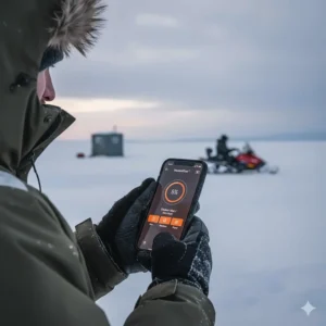 A hand adjusting the heat settings on a smartphone app for smart heated pants in a snowy outdoor setting.