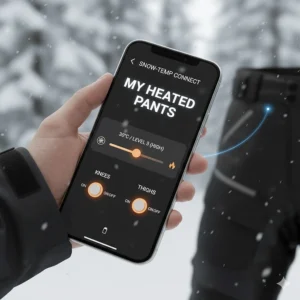 Illustration of a smartphone app adjusting the heat settings of snowmobile pants via Bluetooth.