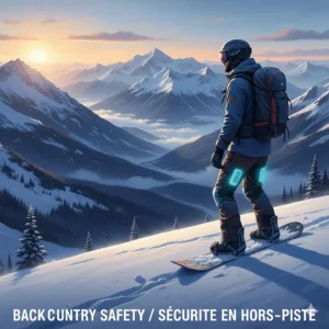Illustration of a rider in the Canadian Rockies staying warm and mobile in flexible, battery-heated snowboarding trousers.