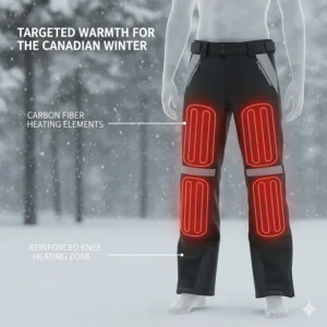 Illustration highlighting the carbon fiber heating elements in the thighs and knees of snowmobile pants.