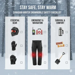 A winter gear checklist featuring a helmet, gloves, and heated snowmobile pants for Canadian winters.