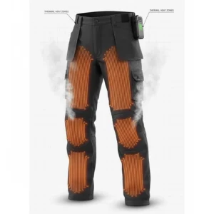 Illustration showing the primary thermal heat zones in the thighs and lower back of heated construction pants.