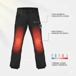 An infographic showing the heating element zones in the thighs and knees of heated ski pants.