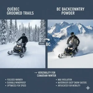 Comparison of heated snowmobile pants styles for groomed Quebec trails versus BC backcountry powder.