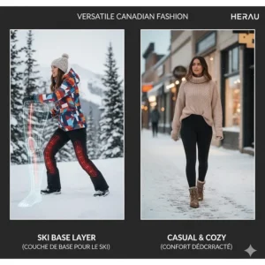 Illustration showing heated leggings styled as a base layer for skiing and as standalone pants for errands.