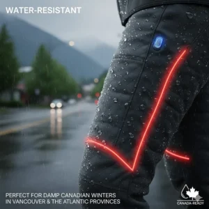 An illustration showing raindrops beading off heated pants, perfect for the damp winters in Vancouver or the Atlantic provinces.