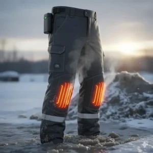 Water-resistant heated safety pants for construction, ideal for melting snow and slush on job sites.
