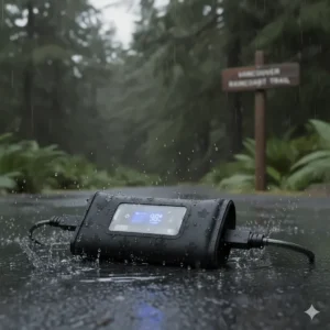 Waterproof protective silicone sleeve for heated jacket batteries, ideal for wet Vancouver winters.