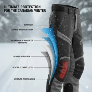 Technical drawing showing the waterproof and windproof layers of premium heated snowmobile pants.