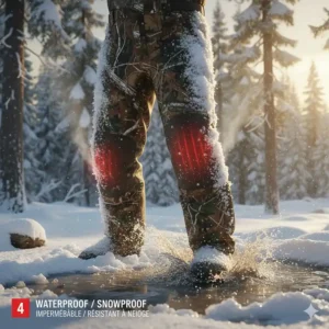 5. Durable, water-resistant heated hunting trousers being tested in deep Canadian snow and slush.