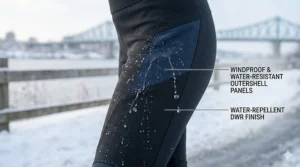Illustration of windproof and water-resistant fabric zones on heated pants for winter cycling.