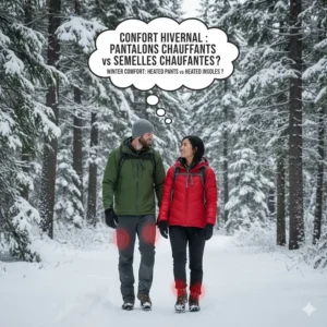 Hikers on a snowy trail in British Columbia comparing the comfort of heated leggings versus heated shoe inserts.