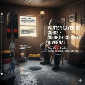 Graphic showing how to layer moisture-wicking base layers under heated ice fishing bibs for Canadian winters.