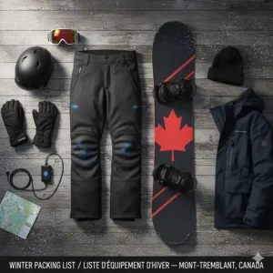 Flat-lay illustration of essential gear: helmet, goggles, board, and a pair of black heated snowboard pants for a trip to Mont-Tremblant.