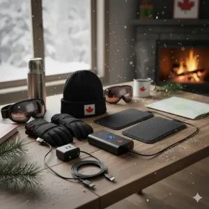 A flat-lay of winter travel essentials including a toque, gloves, and essential heated jacket accessories.