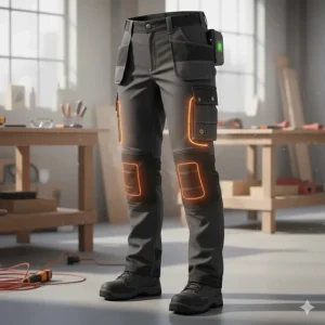 Professional women's heated work trousers designed for electrical and carpentry work in cold climates.