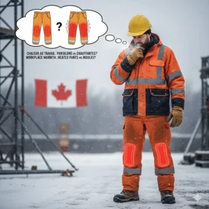 Canadian construction worker evaluating heated pants vs heated insoles for warmth during a long outdoor shift.