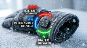 A close-up photorealistic illustration of the singular LED control button on a battery heated glove for extreme cold, featuring bilingual English and French labels for the adjustable heat settings (Low/Bas, Medium/Moyen, High/Haut).